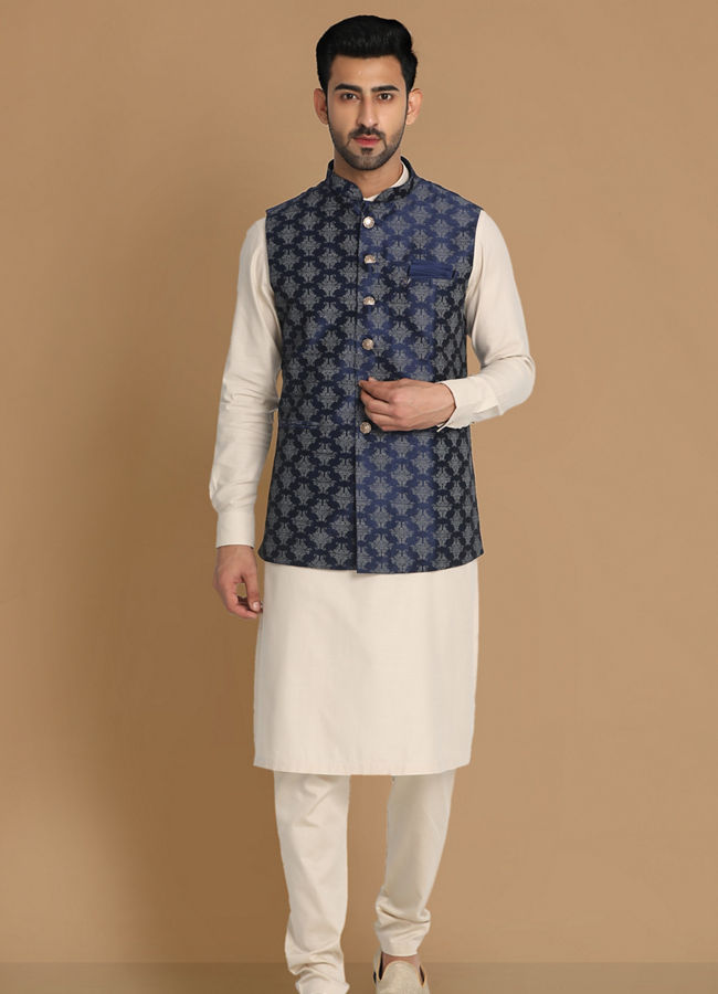 alt message - Manyavar Men Denim Blue Printed Jacket image number 1